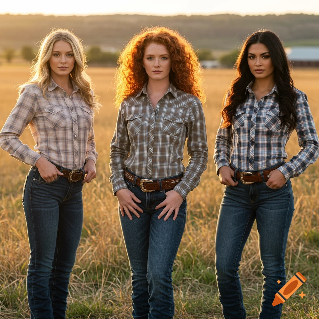 Three women, a blonde, a redhead, and a brunette, in plaid shirts and jeans, standing in a field at sunset.