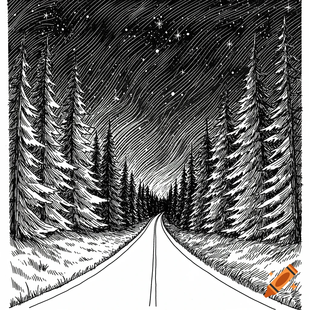 Black and white line drawing of a winding road through a dense forest under a starry night sky.