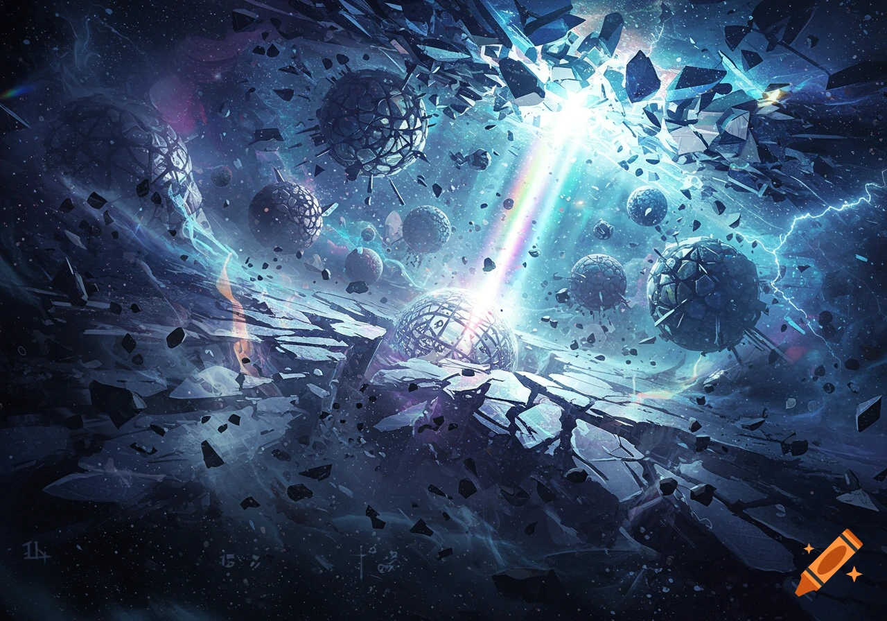 Shattered spheres and debris explode outwards in a dark cosmic void, illuminated by a bright light beam and electric discharges.