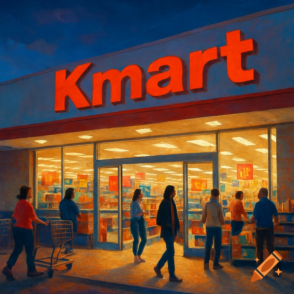 Painterly view of a Kmart store exterior at dusk with people entering and exiting.