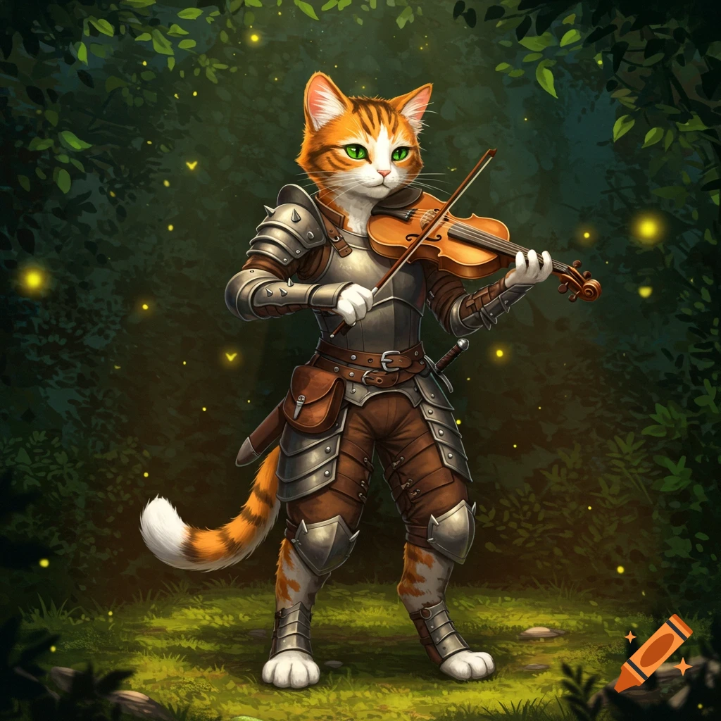 An anthropomorphic calico cat in studded armor plays a fiddle in a magical forest with fireflies.