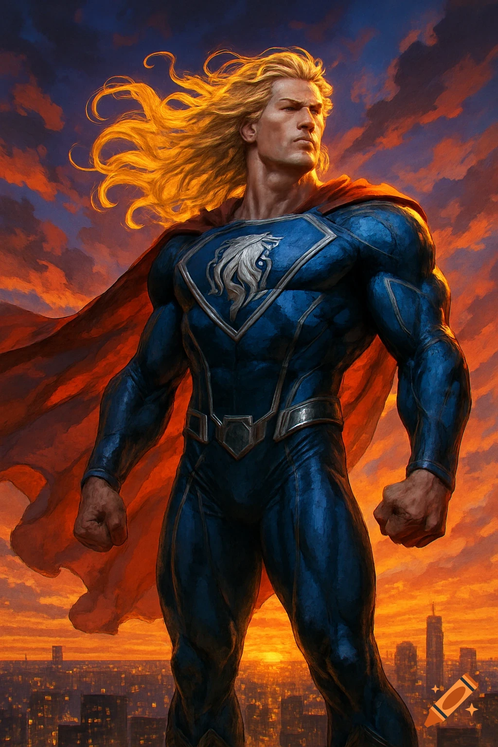 Muscular superhero with long blonde hair and a lion emblem on his chest, standing over a city at sunset.