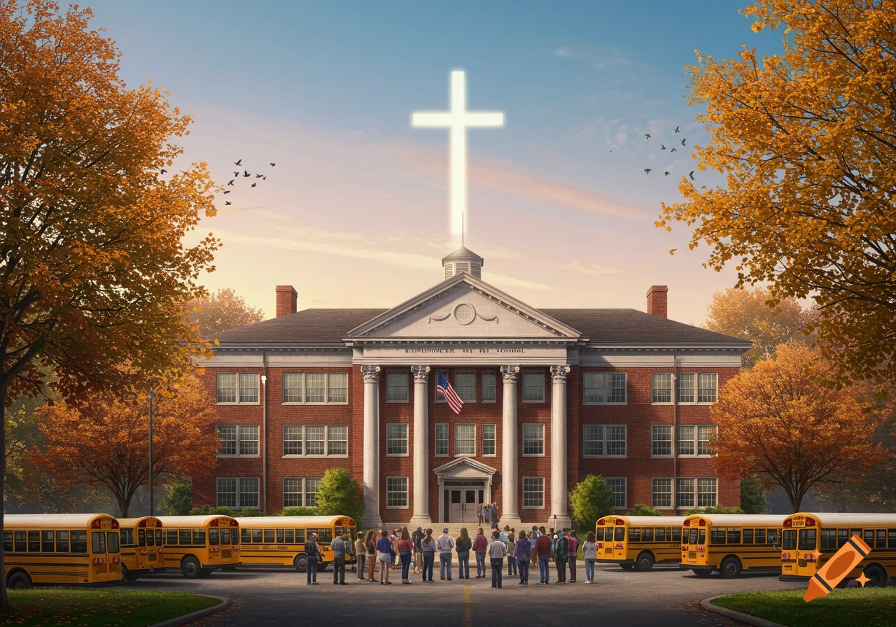 A large brick school building with white columns and a glowing white cross on its roof stands during autumn. School buses are parked in front, and a group of people are gathered.