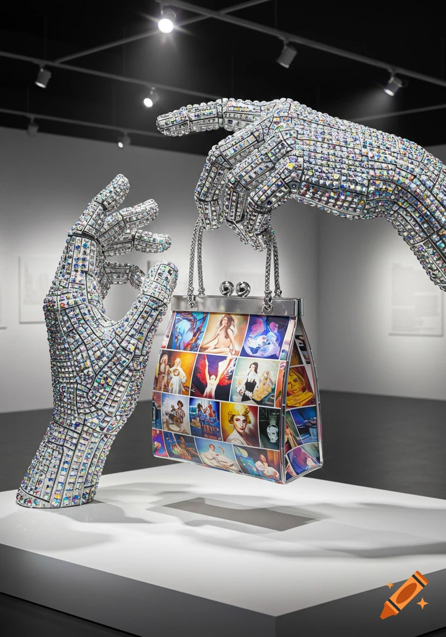 A photorealistic sculpture of two hands encrusted with gems holding a handbag covered in small digital artworks in a gallery.