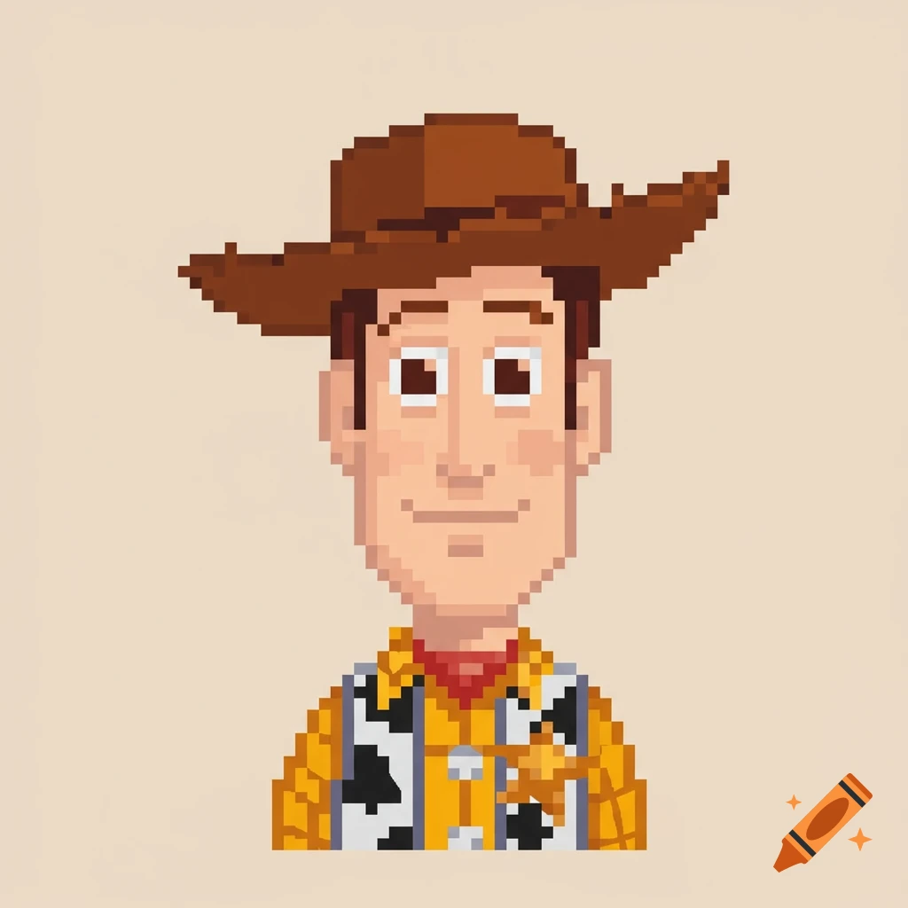 A pixel art portrait of Woody from Toy Story, featuring his head and shoulders with a brown cowboy hat and yellow cow-print shirt.
