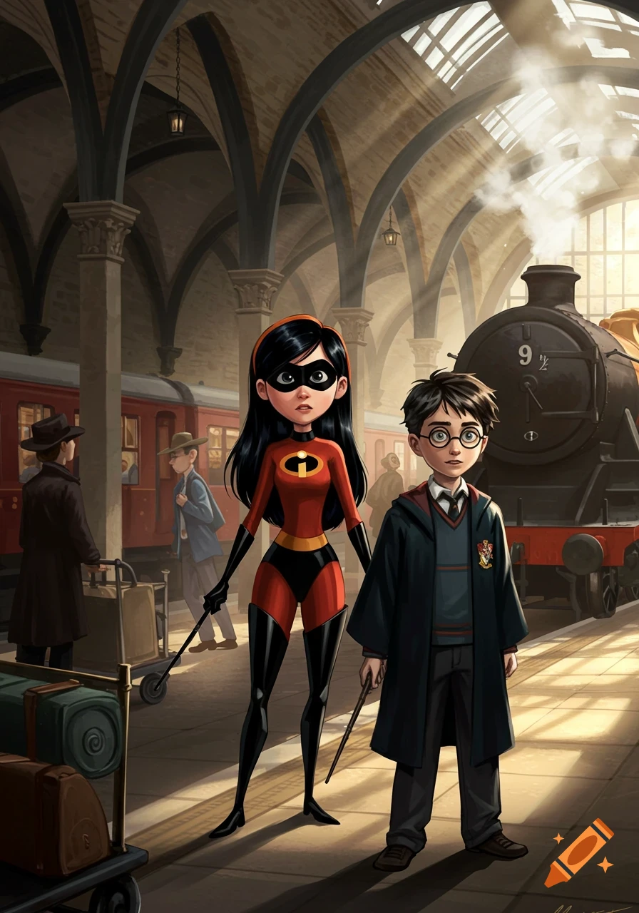 Animated illustration of Violet Parr and Harry Potter standing on Platform 9 3/4 at a train station, with a steam train behind them.