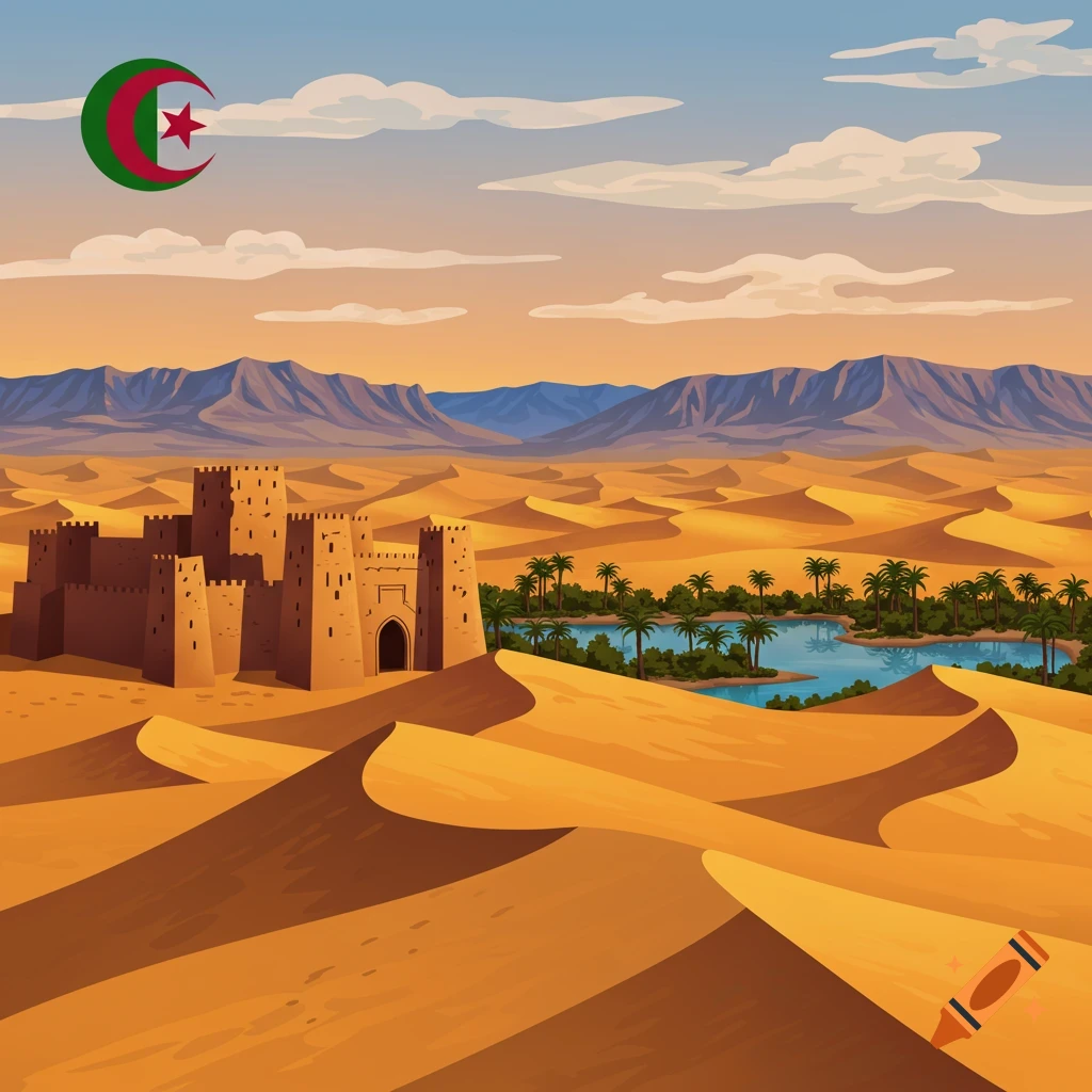 Stylized illustration of a desert landscape with large sand dunes, a desert fortress, an oasis, and the Algerian flag in the sky.