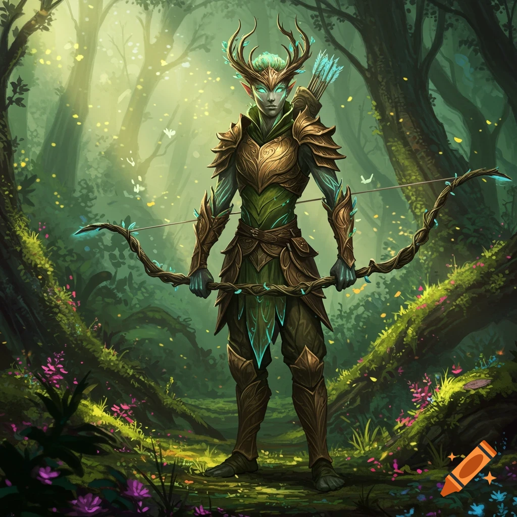 A horned, green-skinned elf-like ranger in intricate armor stands with a glowing bow in an enchanted forest.