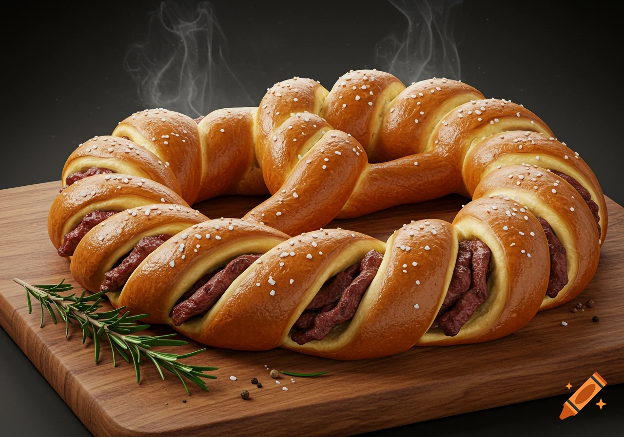 Photorealistic image of a braided pretzel-like bread ring filled with steaming meat on a wooden cutting board with rosemary and peppercorns.