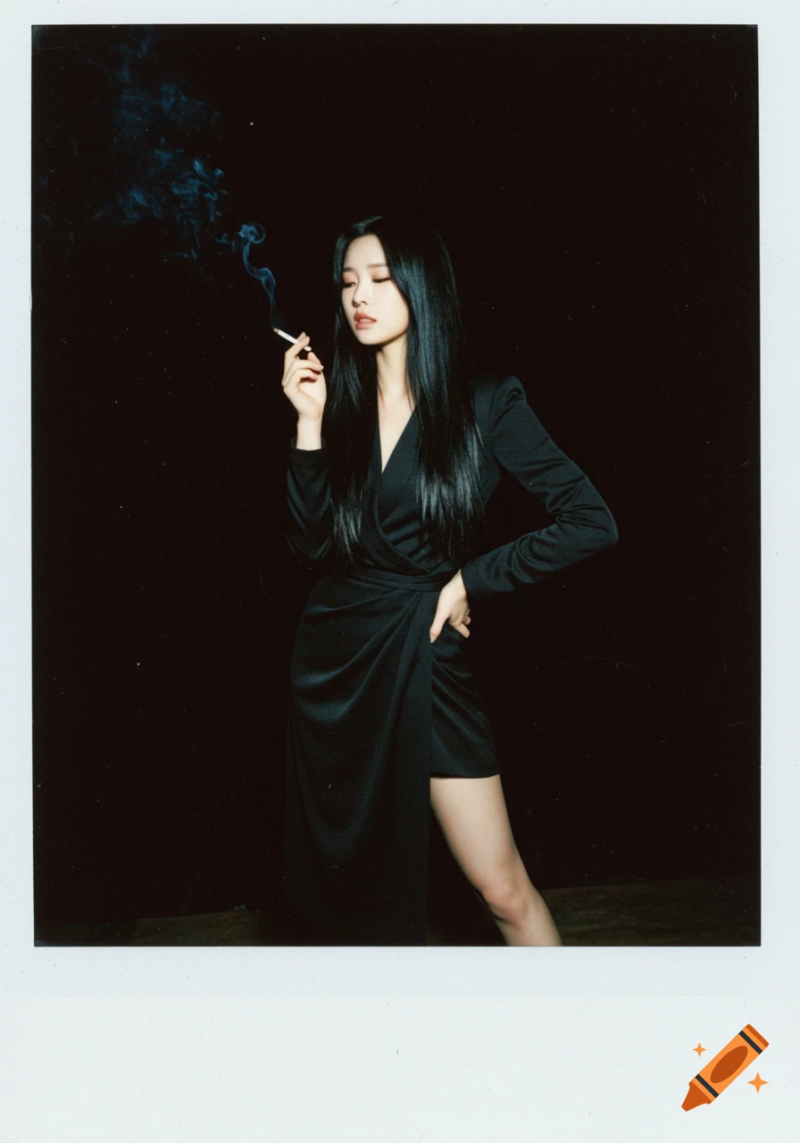 A full-body retro Polaroid photo of a woman with long black hair, wearing a black dress, posing against a dark background while holding a lit cigarette.