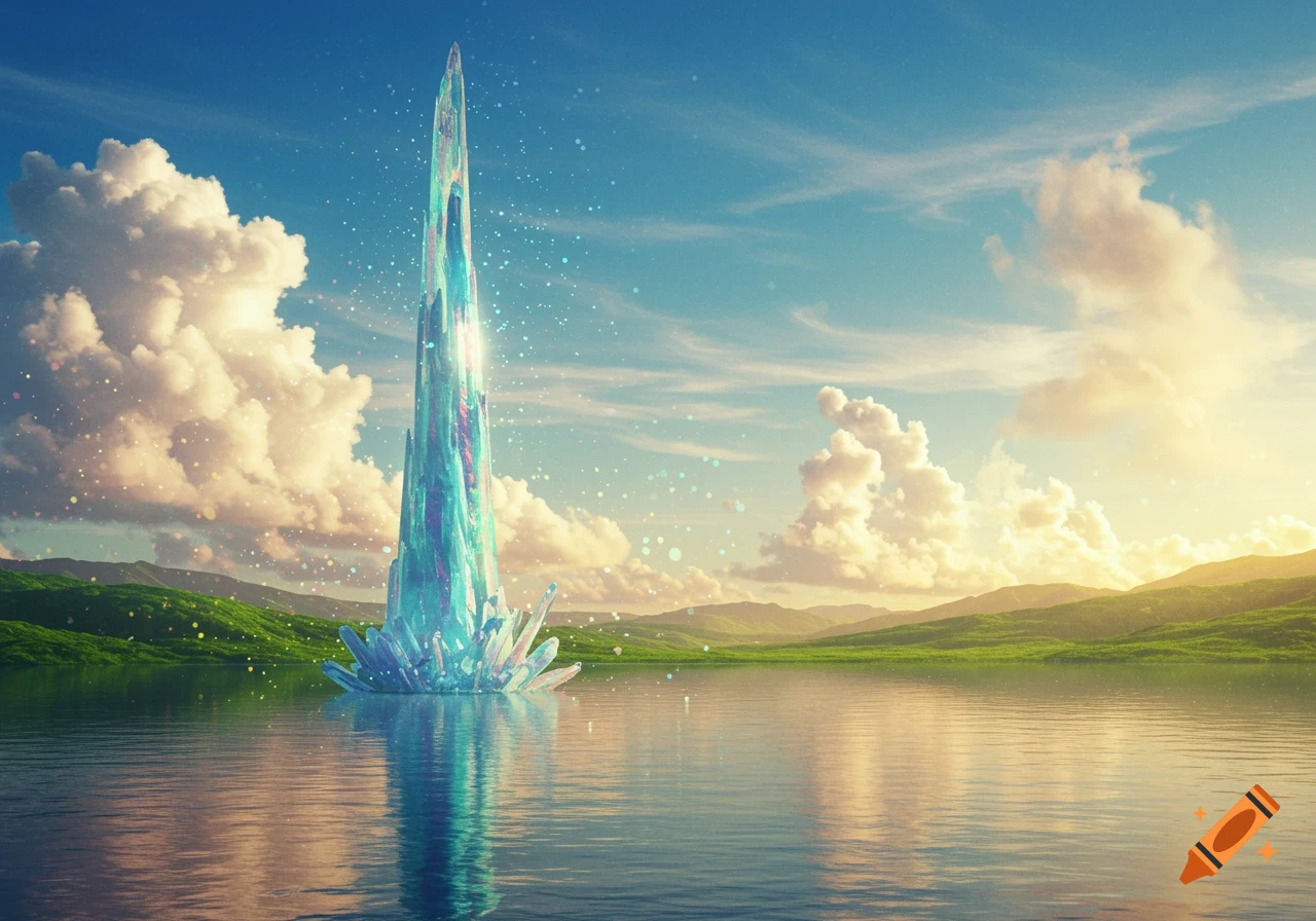 A tall, glowing blue and purple crystal spire rises from a calm lake under a partly cloudy sky with green hills.
