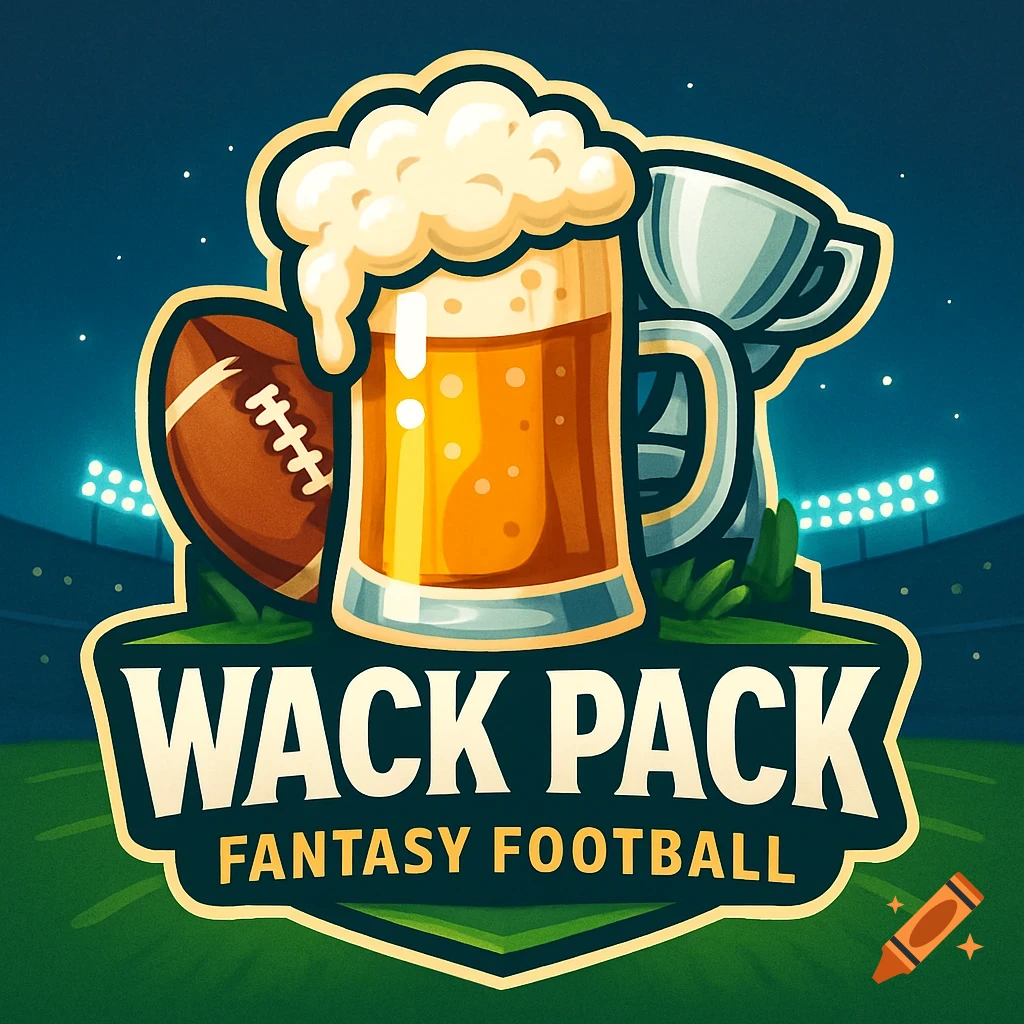 Stylized logo with a beer mug, football, and trophy against a stadium background, featuring 'WACK PACK FANTASY FOOTBALL' text.