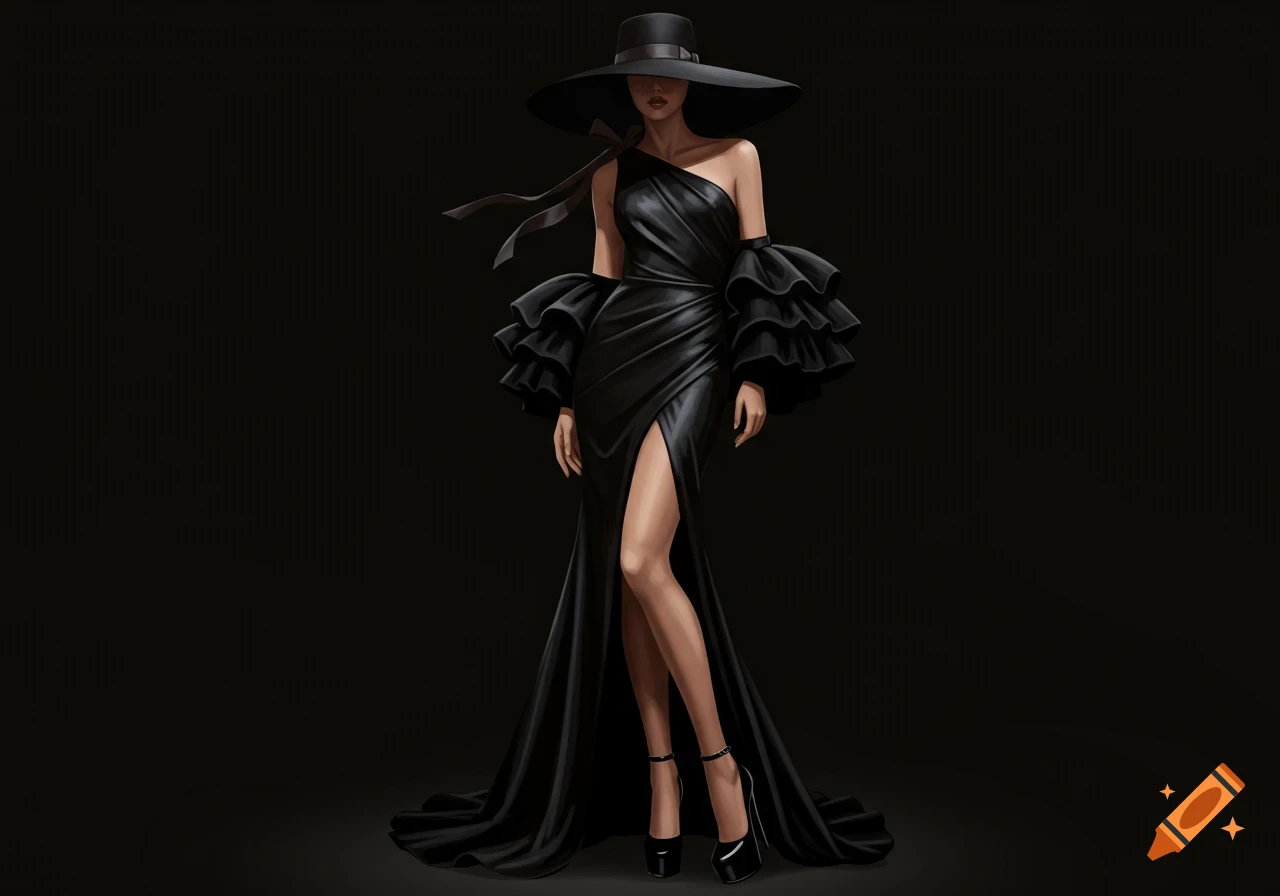 Full-body illustration of a woman in a black wide-brimmed hat, silky one-shoulder mermaid dress, and platform high heels.