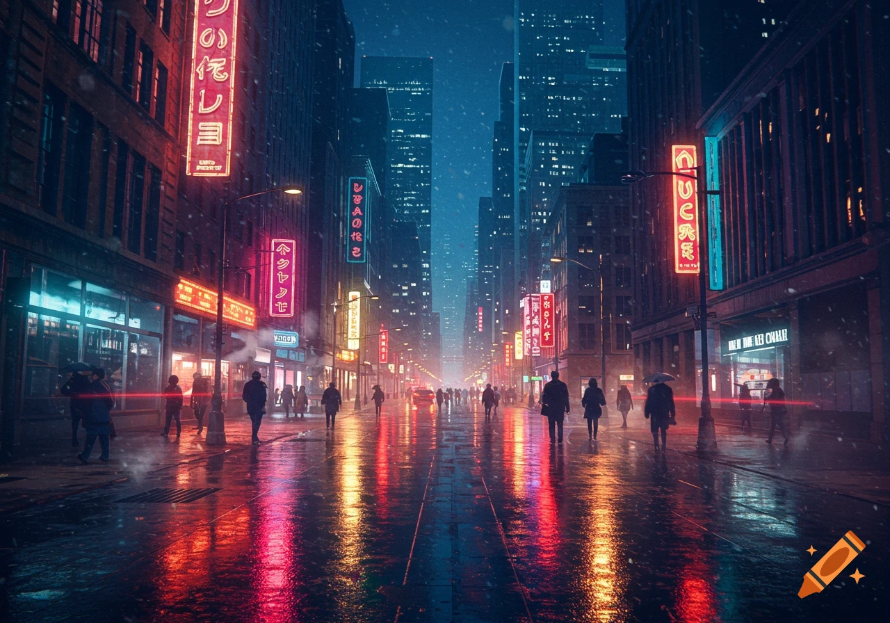 A vibrant cyberpunk city street at night, with neon signs reflecting on the wet pavement, and silhouetted pedestrians walking.