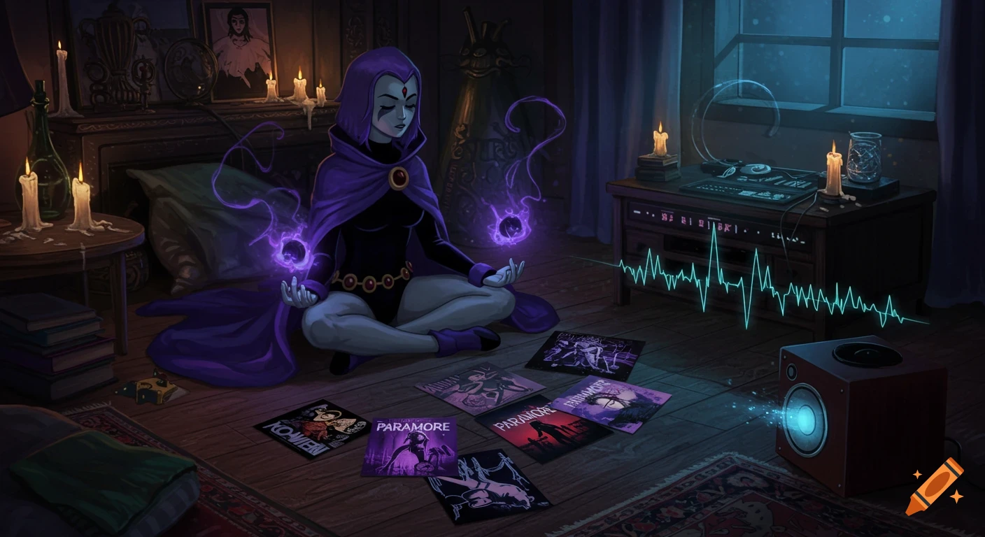 Raven from Teen Titans meditating in her dimly lit room, with purple energy orbs, Paramore albums on the floor, and a speaker playing music.