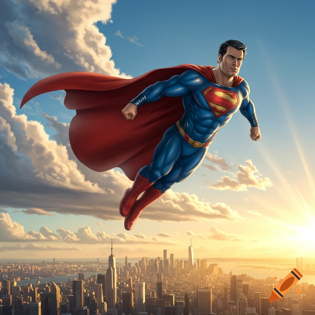 Superman flies heroically above a sprawling city at sunset, clouds dotting the sky.