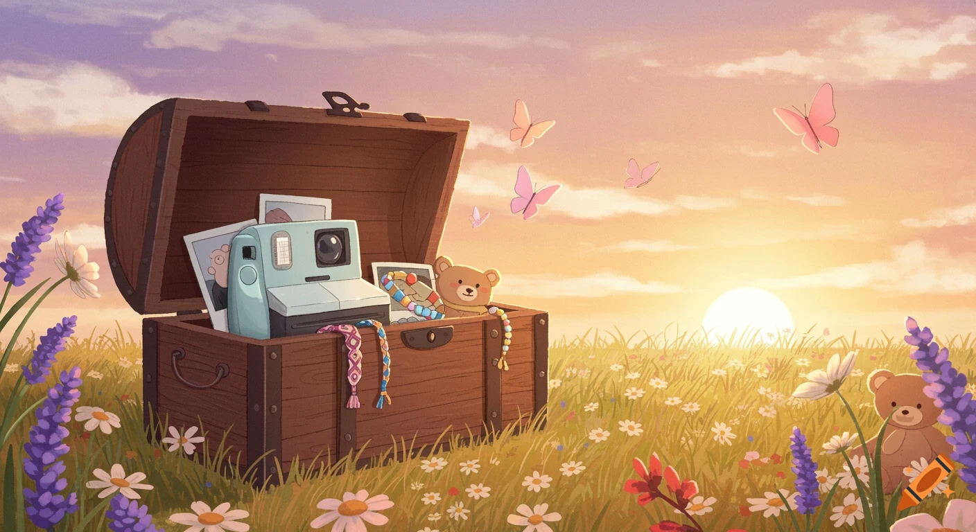 An open wooden chest filled with a polaroid camera, photos, a teddy bear, and friendship bracelets in a field of flowers and lavender at sunset with pink butterflies.