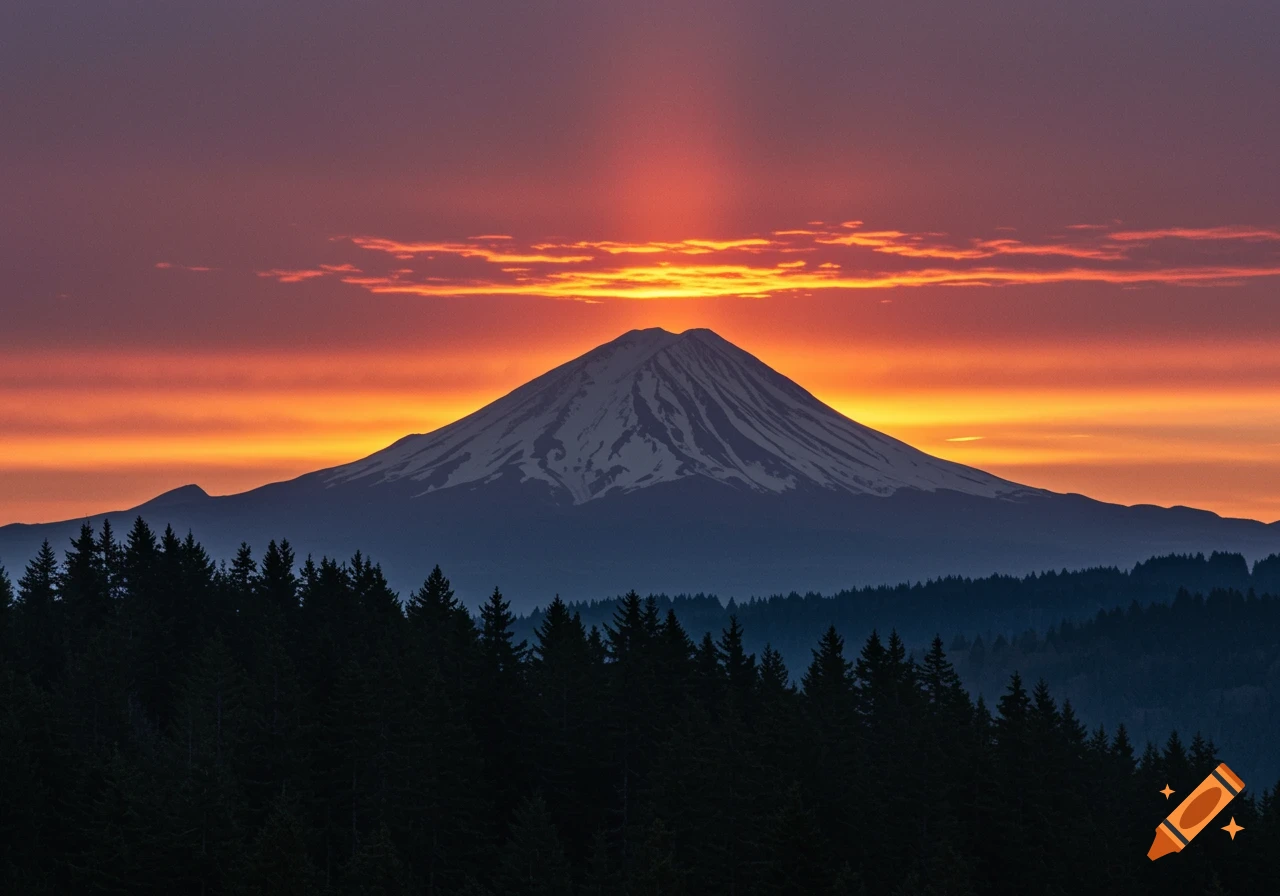 Snow-capped mountain peak silhouetted against a vibrant orange and red sunset over dark evergreen trees.