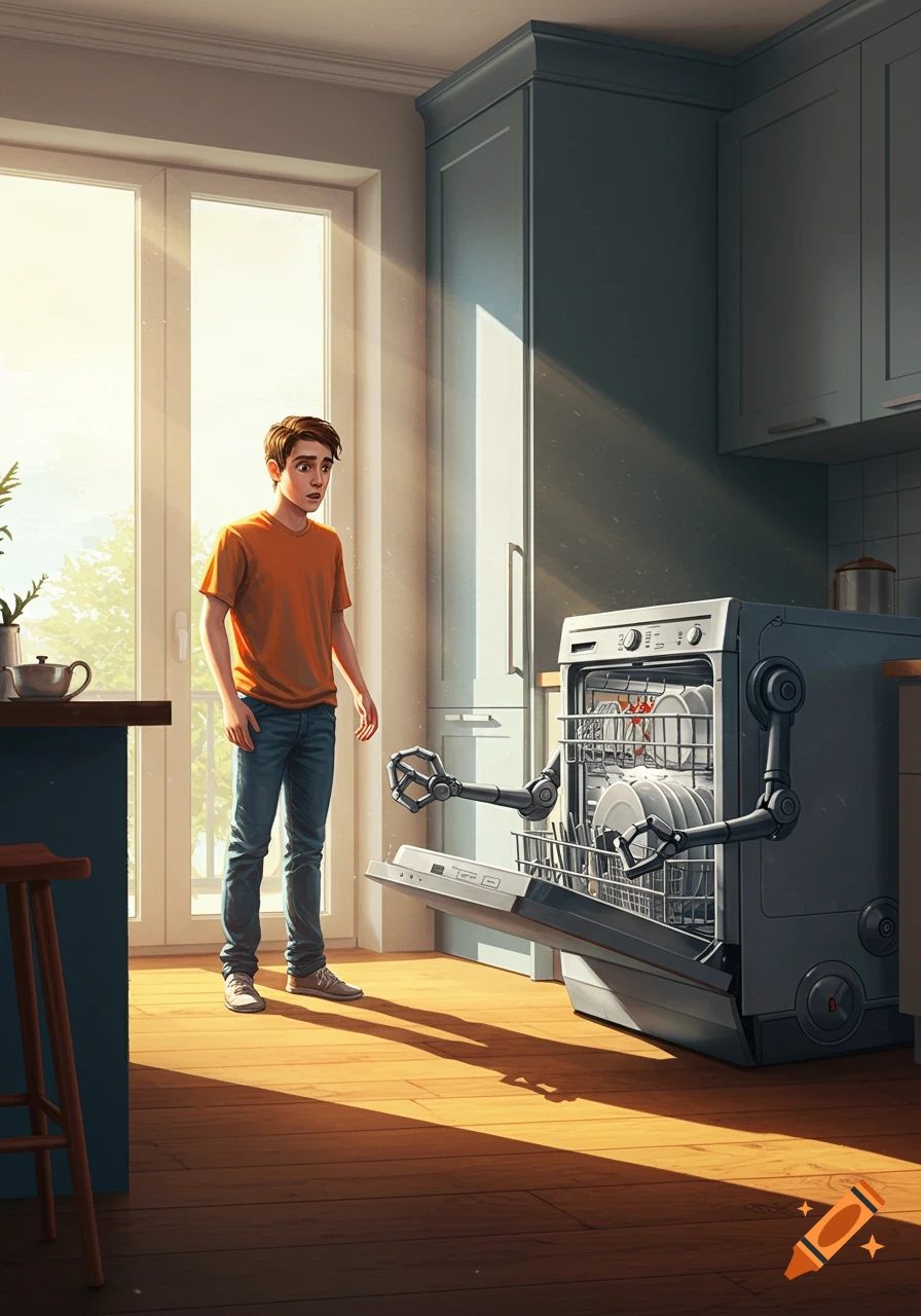 A confused man in a sunlit kitchen looks at a dishwasher with robotic arms extended.