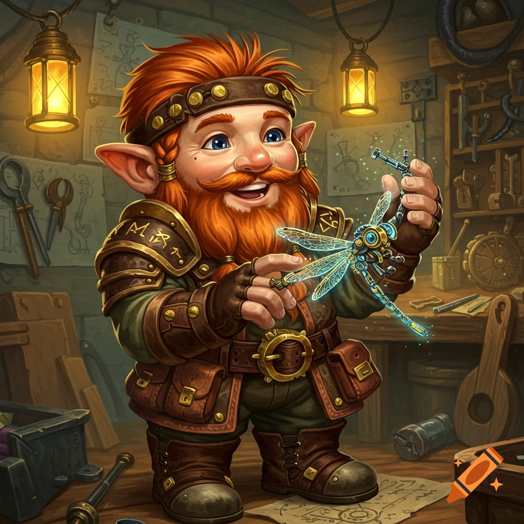 A cheerful red-haired gnome artificer with a long beard and leather armor inspects a glowing mechanical dragonfly in his cluttered workshop.