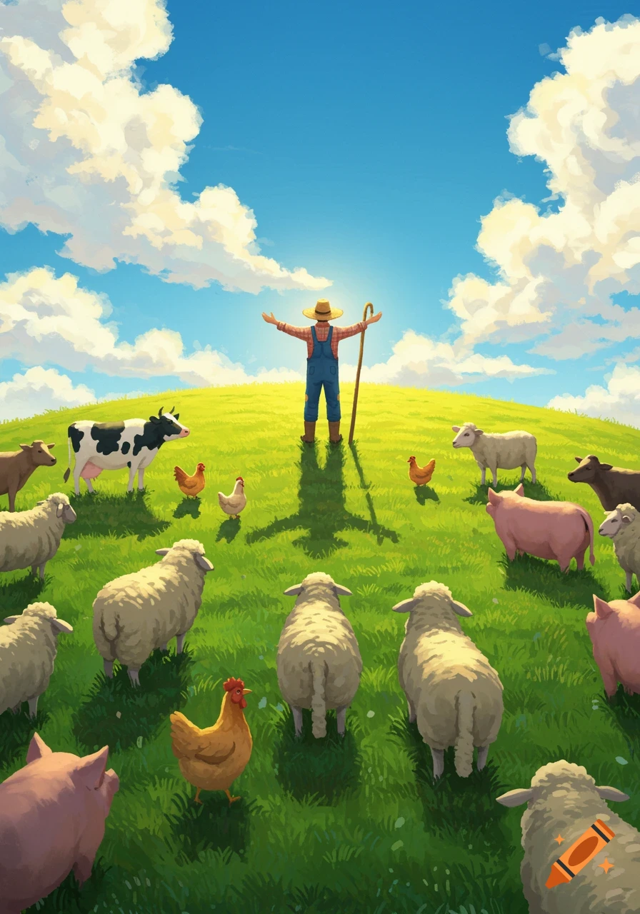 An illustration of a farmer with outstretched arms on a green hill, surrounded by sheep, pigs, cows, and chickens under a bright blue sky.