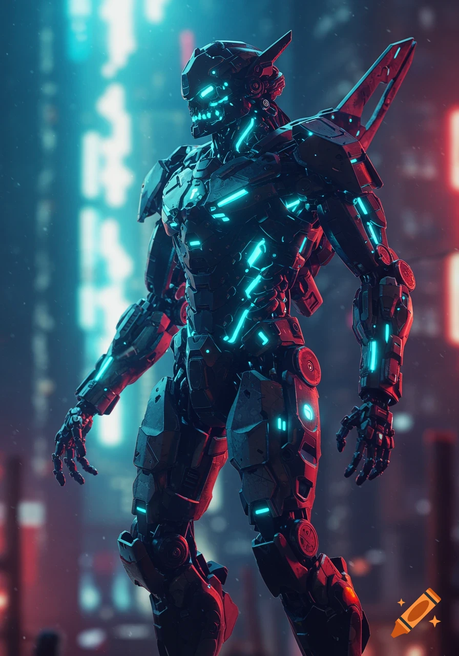 Sleek, dark robotic mecha with glowing blue accents standing against a blurred, backlit urban background in a cinematic, photorealistic style.
