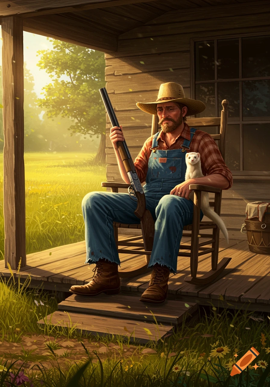 A bearded man in overalls and a straw hat sits on a porch, holding a shotgun with a white ferret on his lap, golden field behind him.