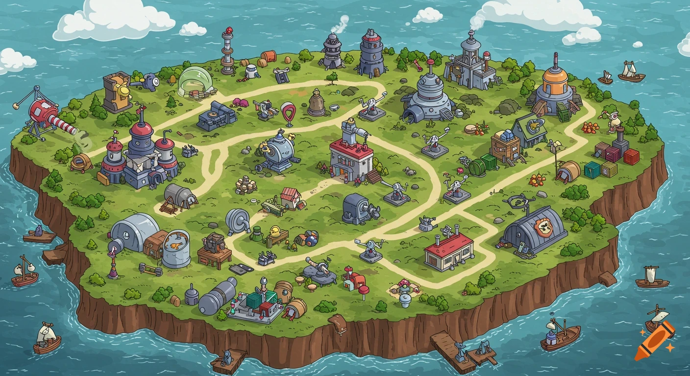 A colorful, isometric cartoon map of an island with various buildings, roads, trees, and boats on the water.
