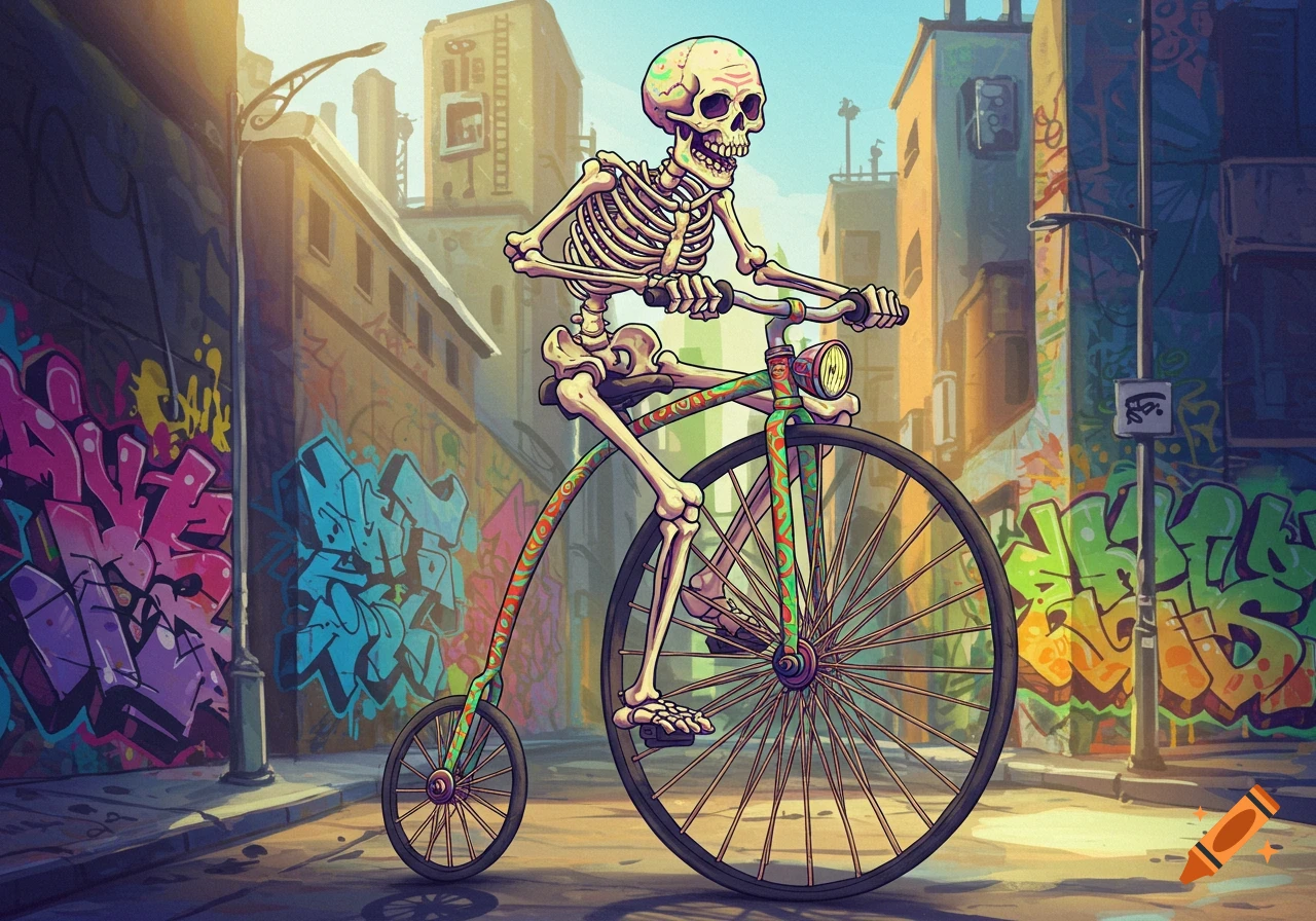 A stylized skeleton rides a vintage high-wheel bicycle down a graffiti-covered urban street in a bright, colorful cartoon style.
