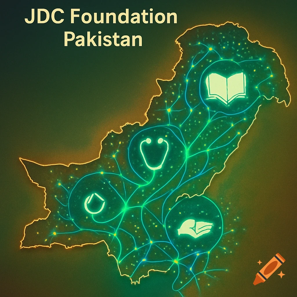 A glowing green and yellow map of Pakistan with interconnected lines and icons for education, healthcare, and social welfare, with 'JDC Foundation Pakistan' text.