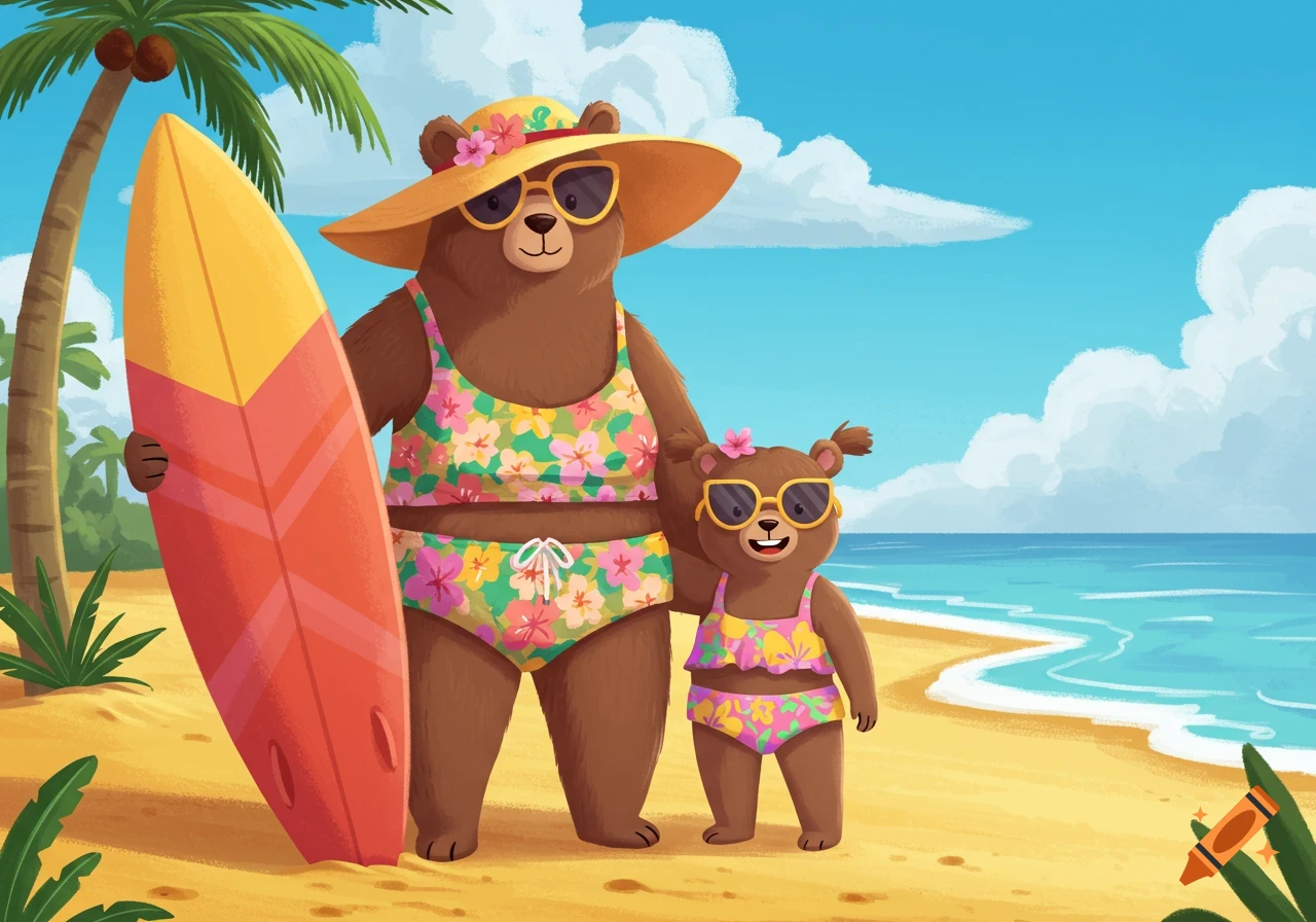 A mother and daughter cartoon bear at the beach. The mother wears a sunhat and swimsuit, holding a surfboard. The daughter wears a swimsuit. Palm trees and ocean in the background in a whimsical style.