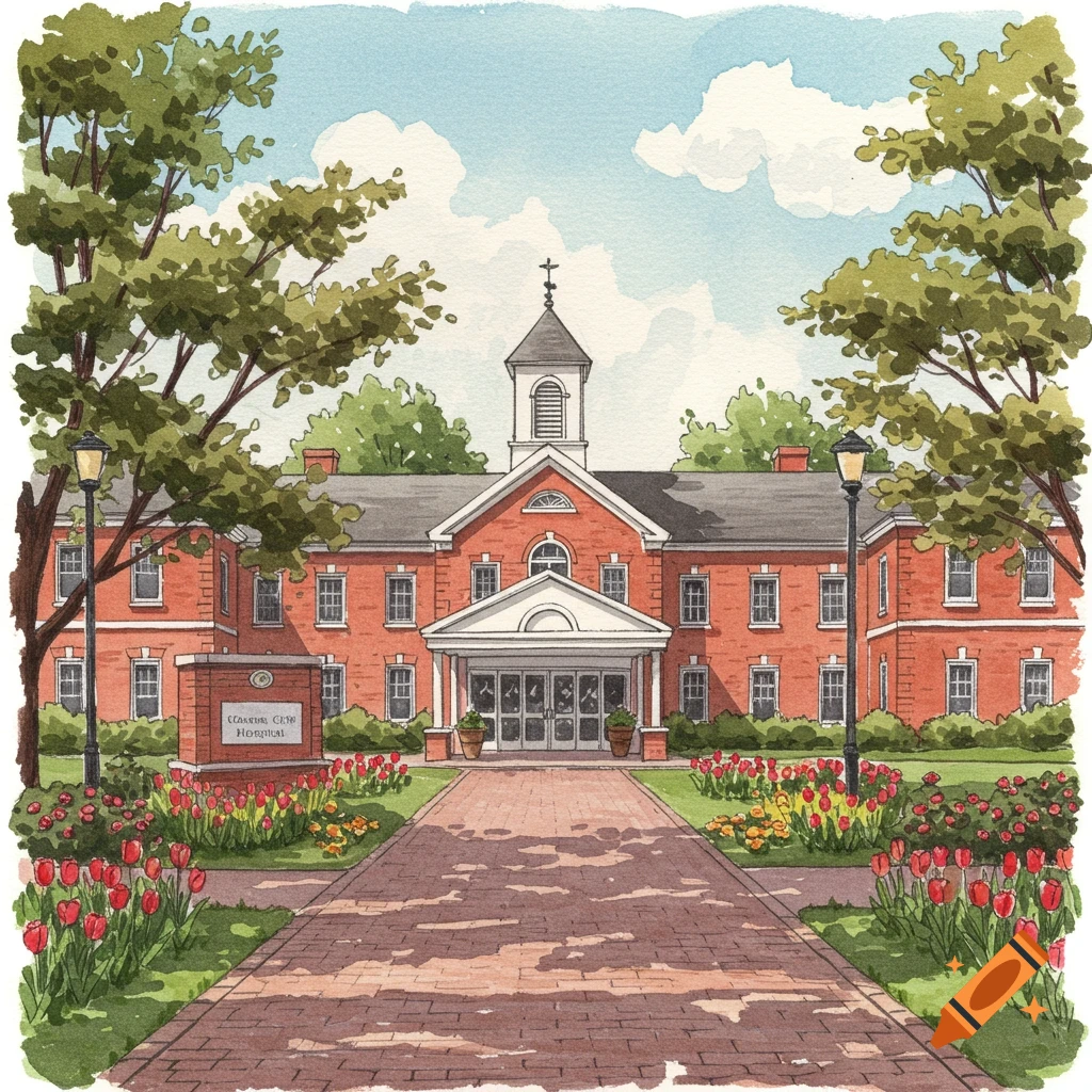 Watercolor painting of a red brick hospital building with a white entrance, surrounded by trees and colorful flowers.