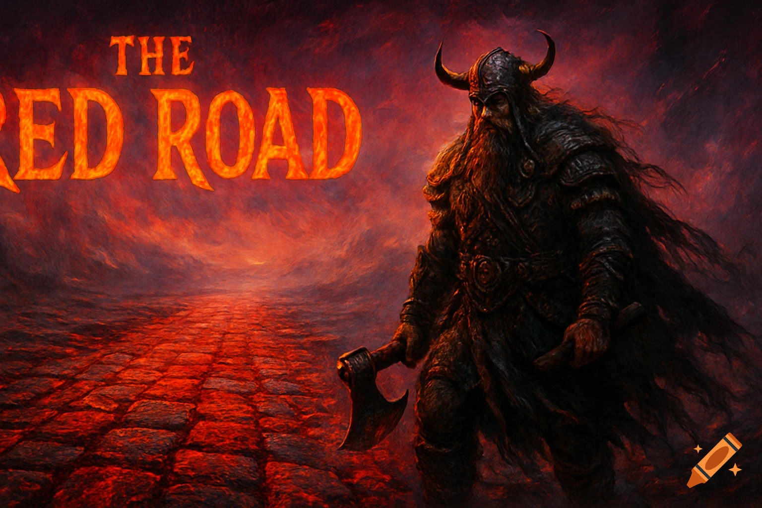 A menacing Viking warrior holding an axe stands on a blood-red cobblestone road under a fiery sky, with 'THE RED ROAD' text above.