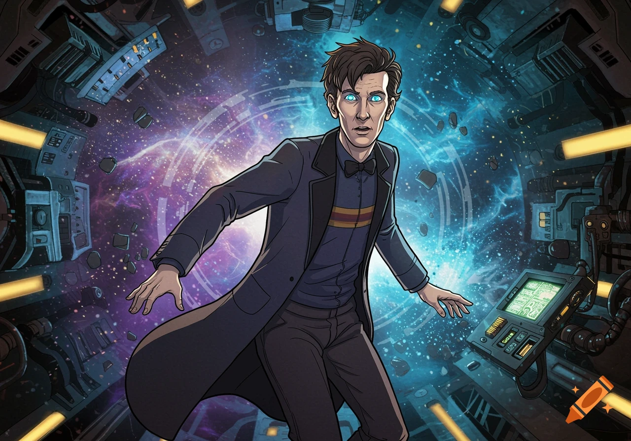An animated Doctor Who character with glowing blue eyes, in a dark coat and bow tie, floats in a cosmic void with spacecraft parts.
