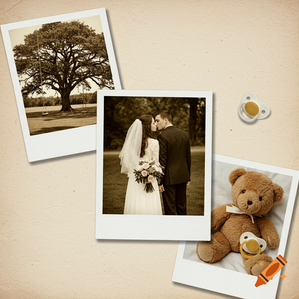 Three sepia polaroid photos: a tree with swings, a kissing bride and groom, and a teddy bear with a pacifier.