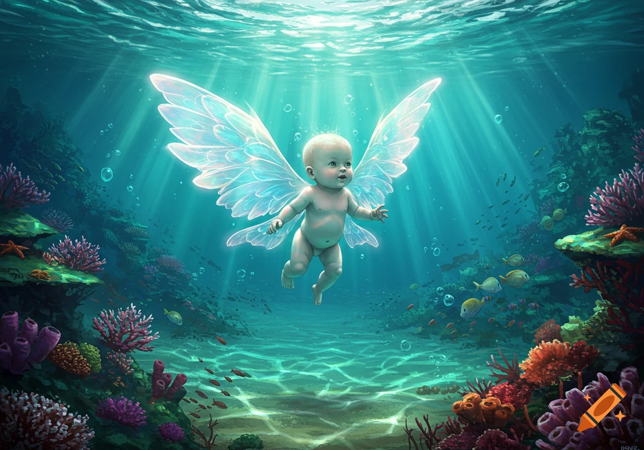 A cute baby with glowing fairy wings floats in a vibrant underwater scene with coral, fish, and light rays.