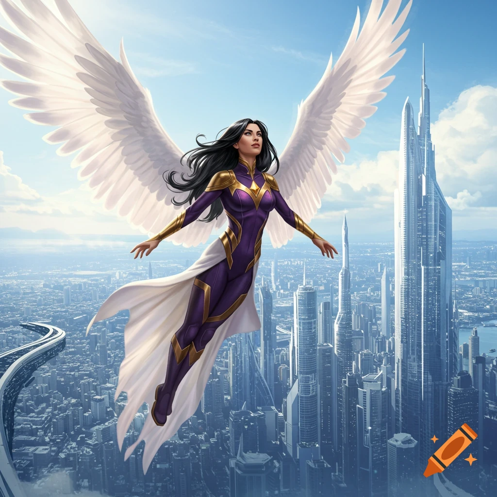A female superhero with white wings and a purple and gold suit flies above a futuristic city.