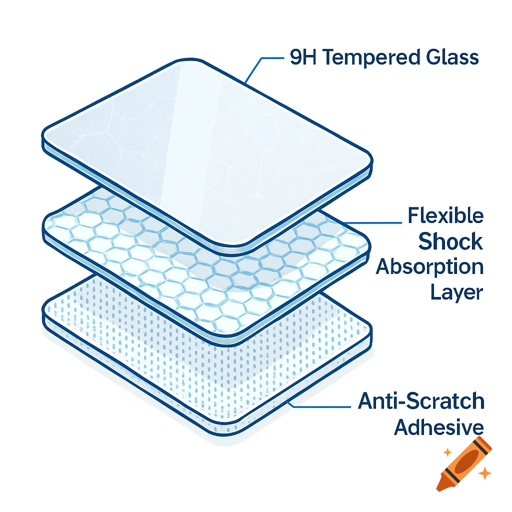 Isometric diagram of a 3-layer screen protector: 9H Tempered Glass, Flexible Shock Absorption Layer, and Anti-Scratch Adhesive.