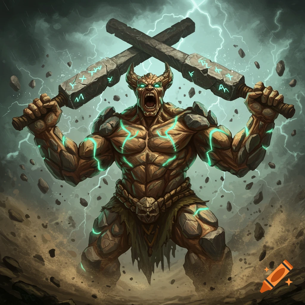 Muscular, rock-skinned Earth Genasi monster yelling, holding crossed stone maces under a stormy, lightning sky with flying debris.