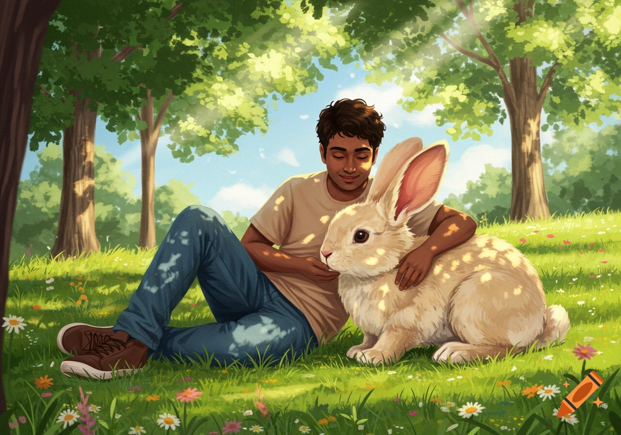 An illustration of a young Indian American man cuddling a large beige bunny in a sunny, grassy park.