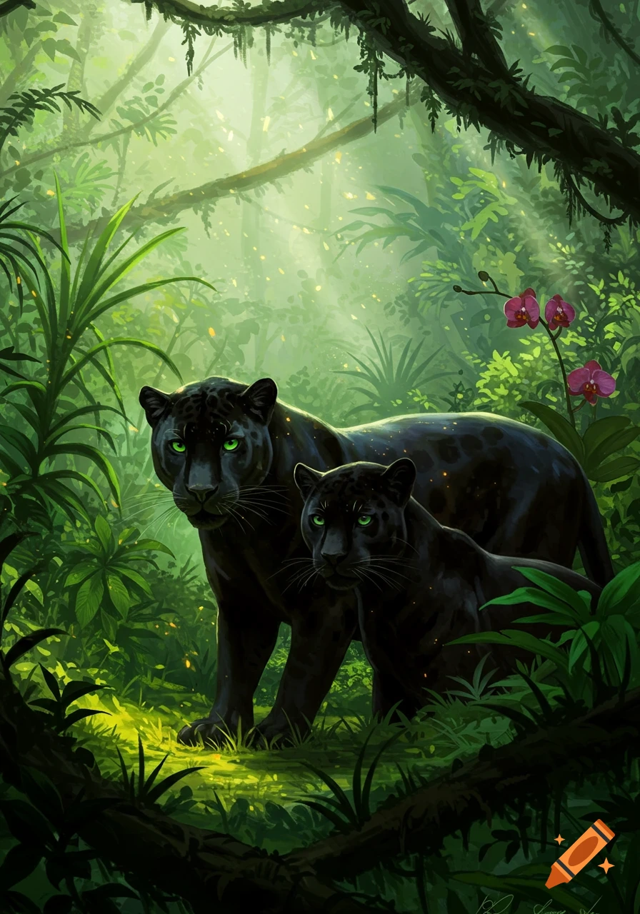 Two black panthers with glowing green eyes in a lush, sun-dappled jungle. Digital art.