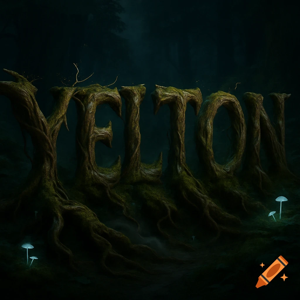 Tree roots spelling out 'YELTON' in a dark, mystical forest with glowing mushrooms.