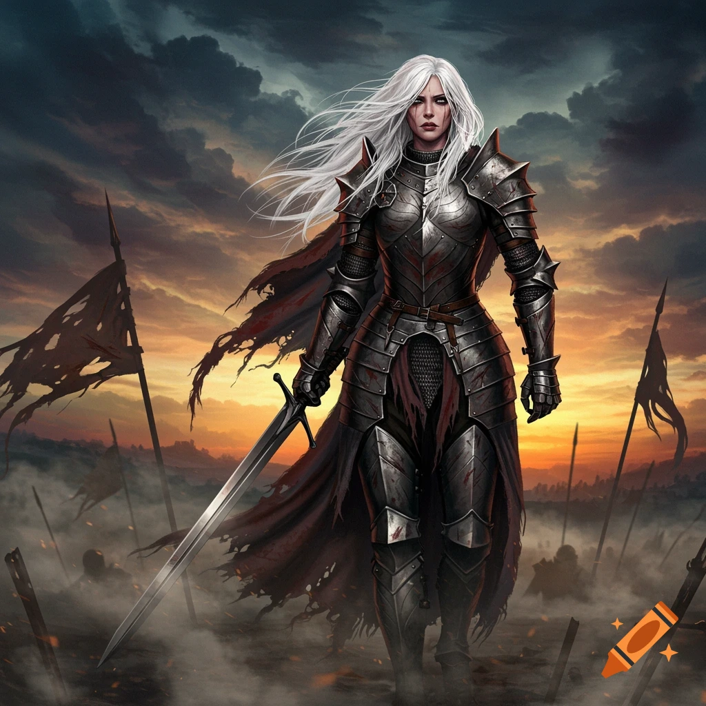 A battle-scarred female knight with white hair and dark armor stands on a misty battlefield holding a sword, at sunset.