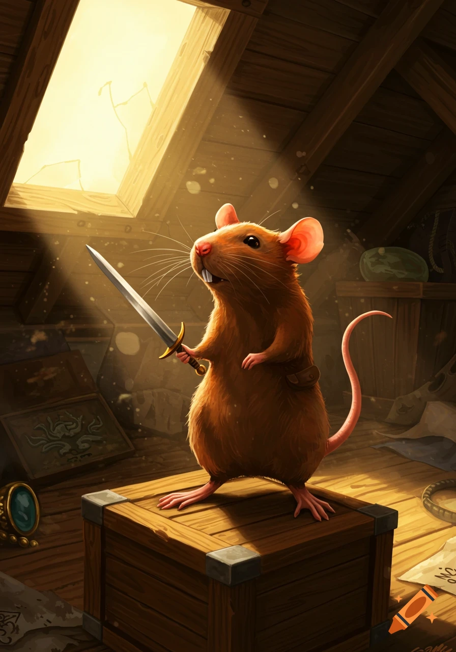 A brave brown rat stands on a wooden box in an attic, holding a small sword. Sunlight shines from a broken skylight.