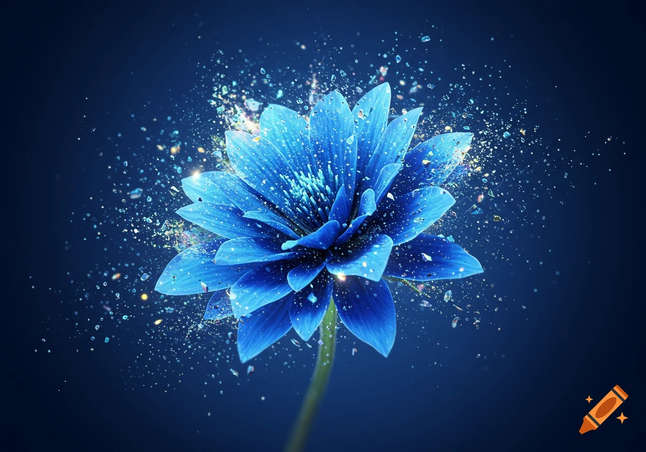 A vibrant blue flower appears to explode, scattering shimmering particles against a dark blue background.