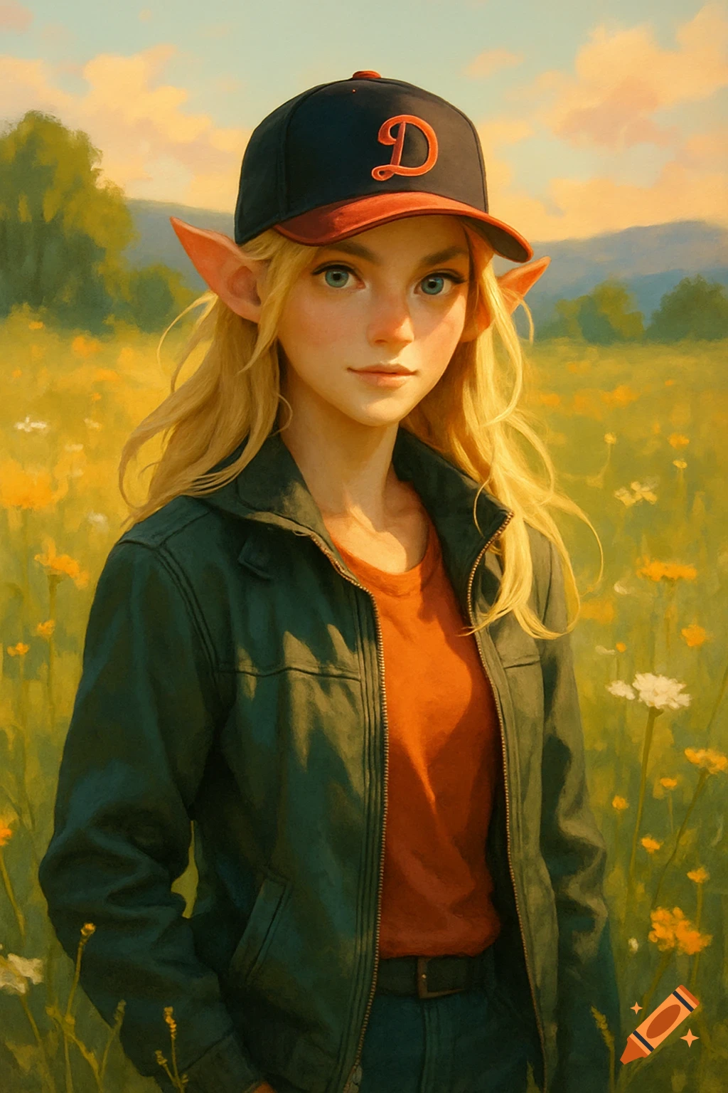 A blonde elf with pointed ears wearing a dark green jacket and a black baseball cap with a red 'D' in a field of yellow flowers, painted style.