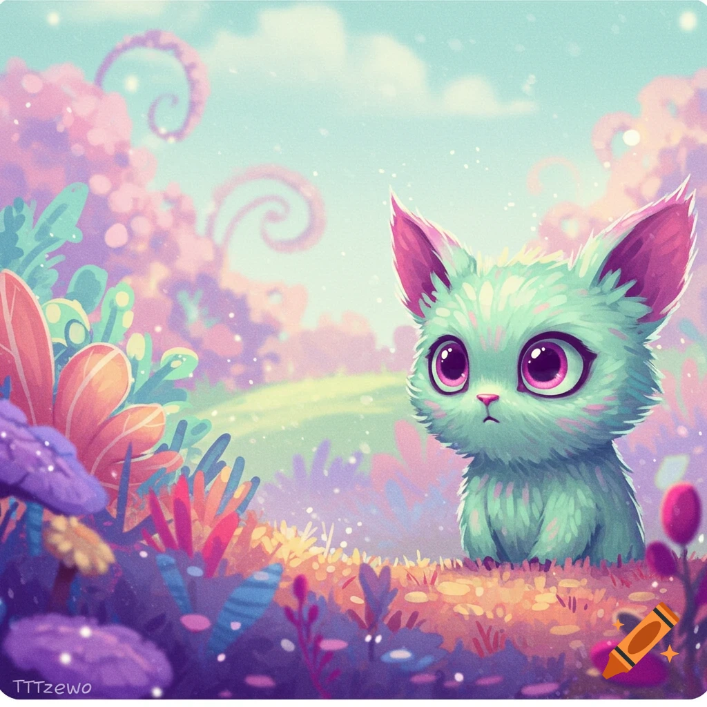 A cute green furry creature with large pink eyes sits in a vibrant, colorful whimsical forest.