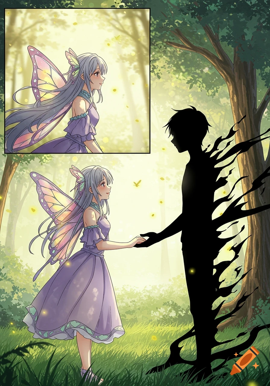 An anime comic panel showing a fairy girl with butterfly wings and a shadow boy holding hands in a sunlit forest, with a close-up of the fairy.
