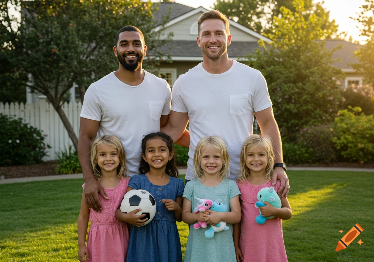 Two smiling men and four young girls pose for a family portrait in a sunny backyard with a house in the background. One girl holds a soccer ball, another holds two stuffed animals, and two other girls hold one stuffed animal each.