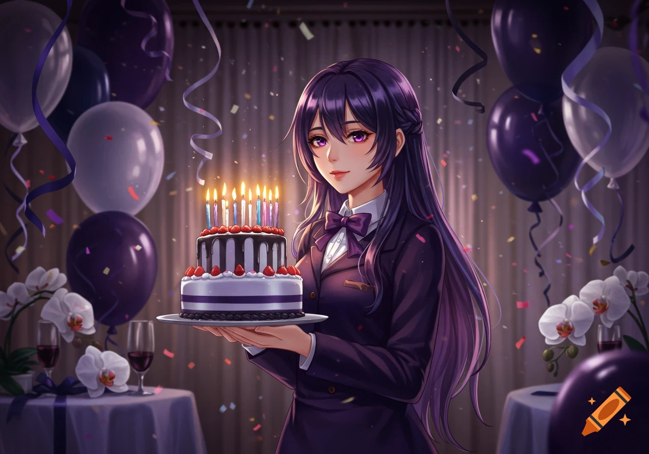 Anime girl with long purple hair holding a birthday cake in a room with purple and white balloons and confetti.